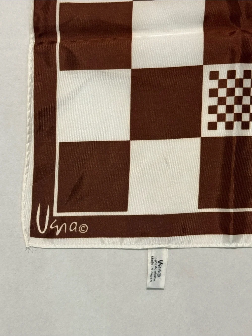 Vintage Vera Neumann Brown White Checkered Scarf 22”x22”